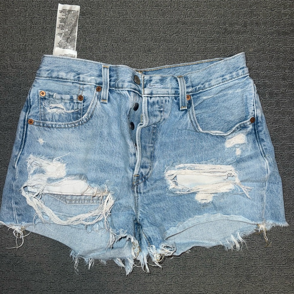 Levi's Light Blue Distressed High-Rise Denim Shorts